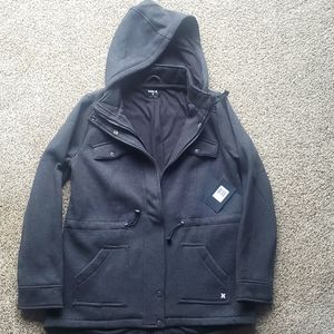 Women's Medium Heather black jacket with hood.